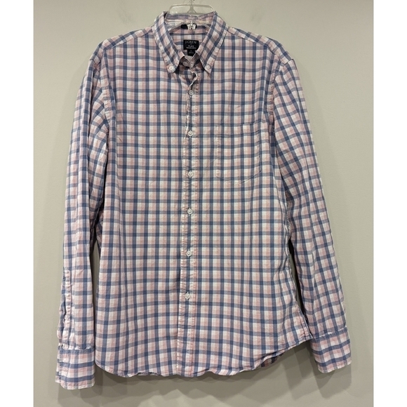 J. Crew Factory Flex Washed Pink Blue Plaid Long Sleeve Button Down Shirt Large - Picture 1 of 6
